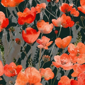 Watercolour Red And Orange Poppies On Dark Green Large