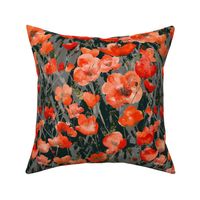 Watercolour Red And Orange Poppies On Dark Green Medium