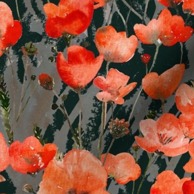 Watercolour Red And Orange Poppies On Dark Green Medium