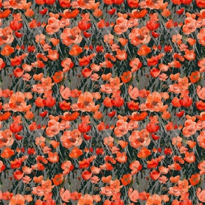 Watercolour Red And Orange Poppies On Dark Green Small
