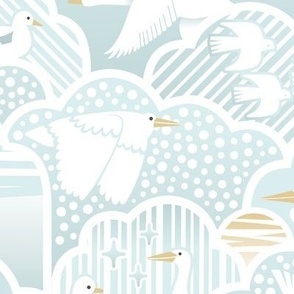 Bird Migration - M -Sky Clouds Sun Moon Stars Geometric Stripes Dots Lines Pastel Blue White Scandinavian Folk Retro Vintage Baby Nursery Animals Snow Wind Weather Cute Soft Light