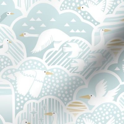 Bird Migration - S -Sky Clouds Sun Moon Stars Geometric Stripes Dots Lines Pastel Blue White Scandinavian Folk Retro Vintage Baby Nursery Animals Snow Wind Weather Cute Soft Light