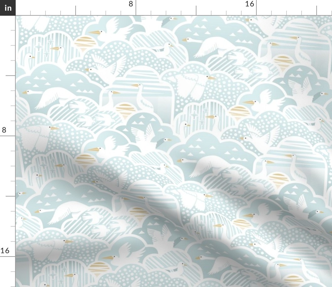 Bird Migration - S -Sky Clouds Sun Moon Stars Geometric Stripes Dots Lines Pastel Blue White Scandinavian Folk Retro Vintage Baby Nursery Animals Snow Wind Weather Cute Soft Light