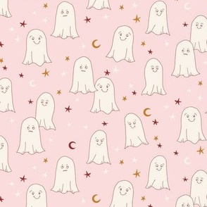 460 - Small scale Halloween friendly  ghosts in a pale baby blush pink sky with stars and new moon - for kids bed sheets, duvet covers, Halloween party costumes, Friday 13th parties, wallpaper, children attire.