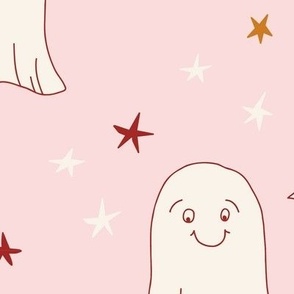 460 - Large scale Halloween friendly  ghosts in a pale baby blush pink  sky with stars and new moon - for kids bed sheets, duvet covers, Halloween party costumes, Friday 13th parties, wallpaper, children attire.