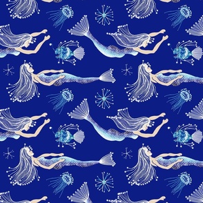 Deep sea mermaid, fish, jellyfish on blue, medium