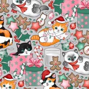 Cute Christmas Kittens - on light grey 