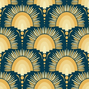 Stylized Monochrome Sunflower - Yellow, Blue - Prussian Blue BG - Magical Meadow Collection