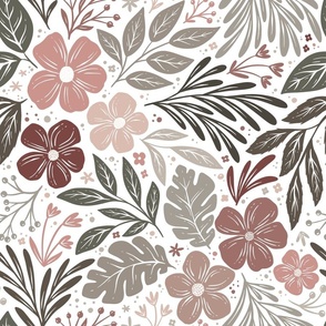 Dark and Moody floral  - blush pink, sage green on white - medium large scale