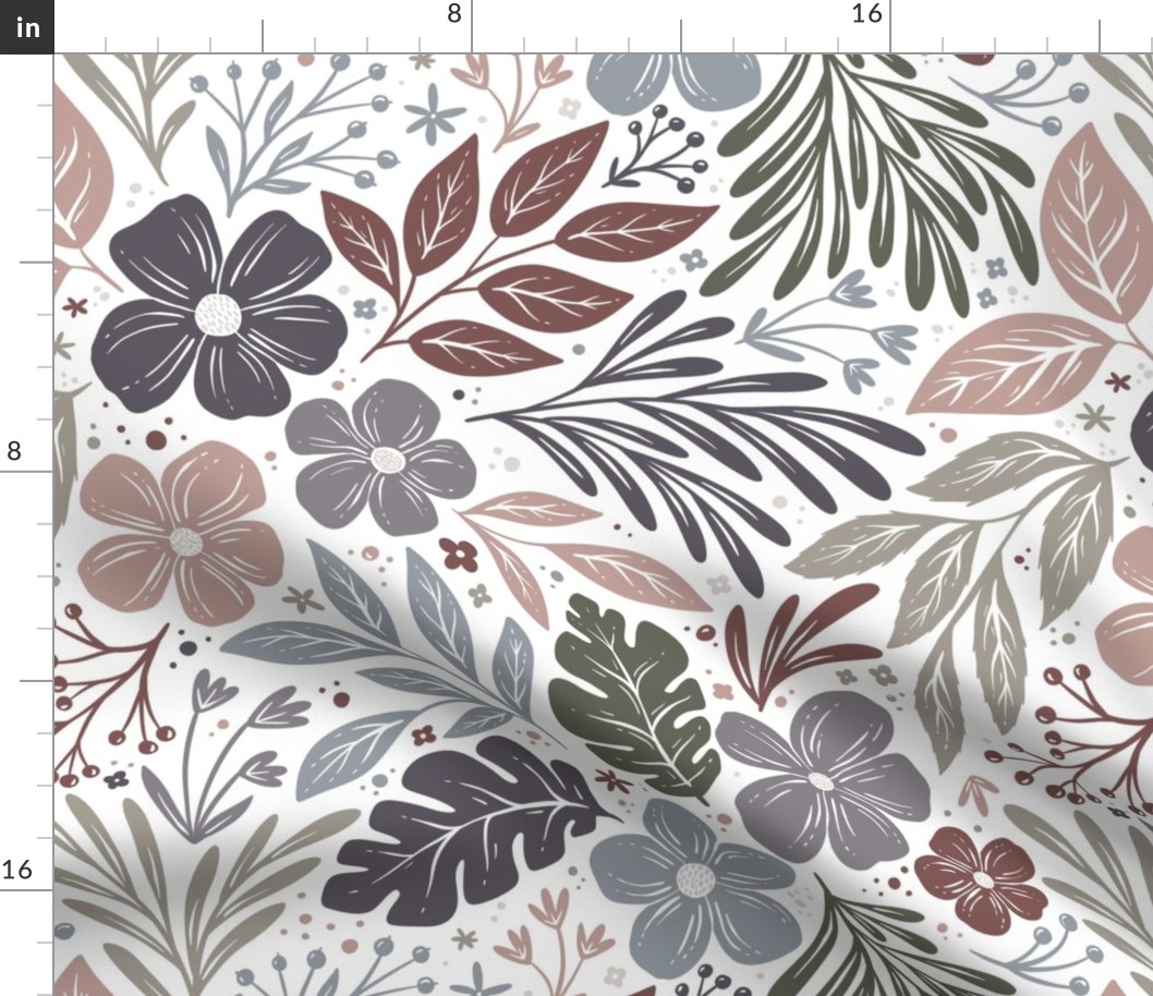 Dark and Moody floral - multi  light - blush pink, sage green, dusky lavender on white - medium large scale