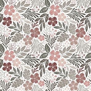 Moody floral - light multi - blush pink, sage green on white - smaller scale