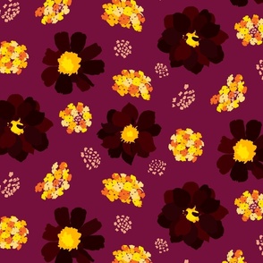Flower Heads in Dark Crimson, Orange, Yellow, Light Pink on Magenta - large scale