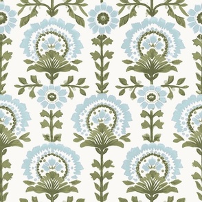 Light Steel Blue, Olive Green Indian Floral Hand Block Printed