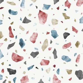 Watercolor terrazzo. Blue, red, black and beige