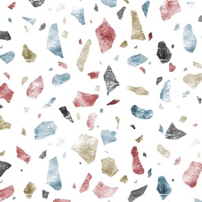 Watercolor terrazzo. Red, blue, beige and black. Marble effect