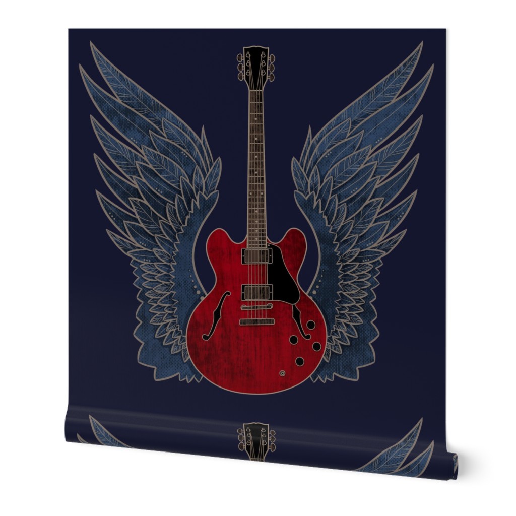 (large) red guitar on blue with wings feathers 