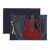 (large) red guitar on blue with wings feathers 