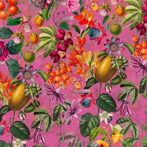 Tropical Flower And Exotic Fruit Garden Dark Green Leaves Vintage Wallpaper - viva magenta pink
