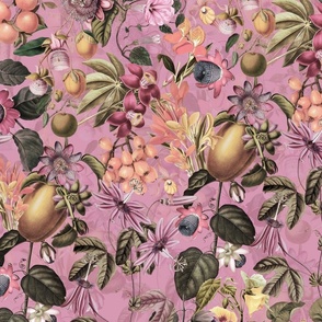 Tropical Flower And Exotic Fruit Garden Dark Green Vintage Wallpaper - sepia pink