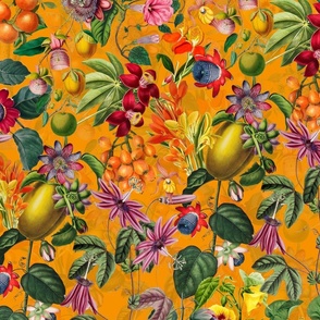 Tropical Flower And Exotic Fruit Garden Dark Green Leaves Vintage Wallpaper - sunny orange