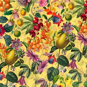 Tropical Flower And Exotic Fruit Garden Dark Green Leaves Vintage Wallpaper - yellow