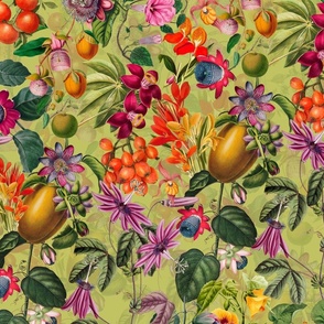 Tropical Flower And Exotic Fruit Garden Dark Green Vintage Wallpaper - green