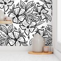 Black and White  Hand Drawn Floral  in  Shell Pattern 12x12 Large