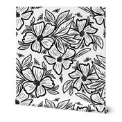 Black and White  Hand Drawn Floral  in  Shell Pattern 12x12 Large