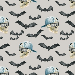 Spooky Bro Skull and Bats on Gray 12 inch