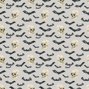 Watercolor Halloween Skull and Bats on Gray 6 inch