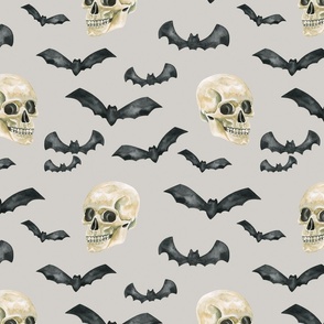 Watercolor Halloween Skull and Bats on Gray 12 inch