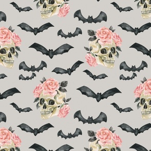 Gothic Halloween Skull with Roses and Bats on Gray 12 inch