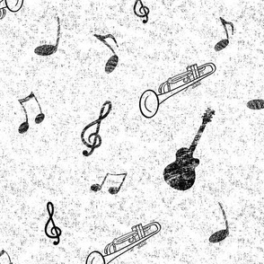 Music, Notes, Concert, Guitar, Trumpet, Instruments, Black, White, JG_Anchor_Designs, jganchordesigns