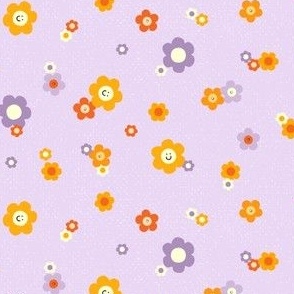 Happy smiley flowers, purple texture, orange yellow purple, groovy 