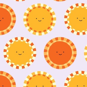 Yellow and orange sunny faces on lilac, retro sun face, happy face, skies above, Large scale