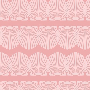 Overlapping scallop shells in pink on coral