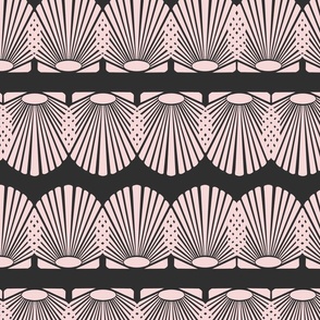 Overlapping scallop  shells in pink on black