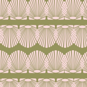 Overlapping scallop shells in pink on green