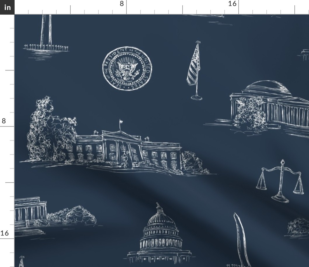 Washington DC Toile for Wallpaper & Fabric - Ivory on Navy
