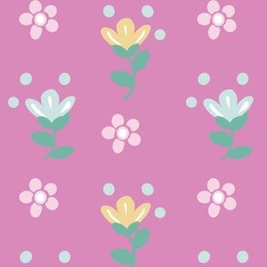 Spring Flowers, Pink, Mint Green, Yellow on Fuchsia Pink 