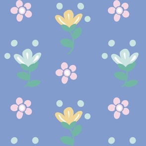 "Simple Spring Flowers Trio  Pink, Mint Green, Yellow on Cornflower Blue