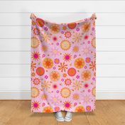 Orange and pink Sunny happy groovy sun faces, kids bedding, large
