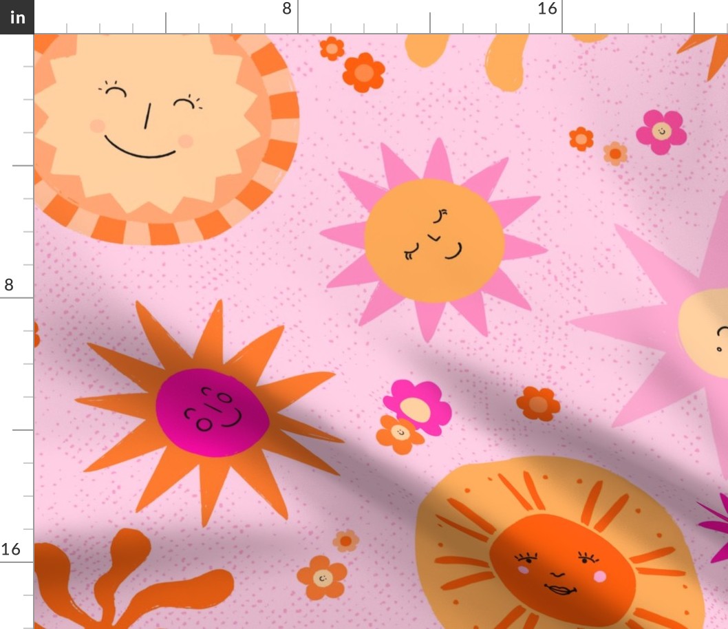 Orange and pink Sunny happy groovy sun faces, kids bedding, large