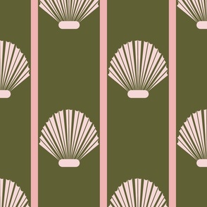 scallops-pink shells half-drop on green with pink stripes