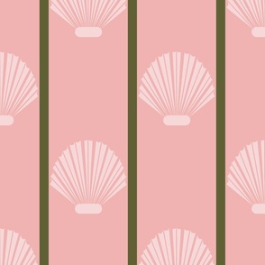 scallops-pink shells half-drop on pink with green stripes