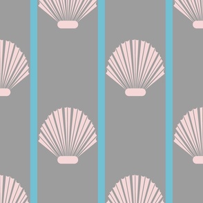 scallops-pink shells on gray with blue stripes