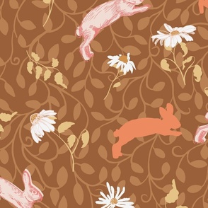 Hopping Bunnies and Flowers Wallpaper in Autumn Colors-24"fabric