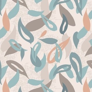 Mid-Century color inspired tossed leaves in peach and teal