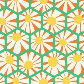 hexagon daisies retro 70s green orange -medium