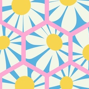 hexagon daisies sky blue  pink happy - large